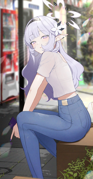 Anime picture 1140x2200 with blue archive himari (blue archive) zanya 000 single long hair tall image looking at viewer fringe open mouth sitting purple eyes bent knee (knees) outdoors white hair nail polish hair flower pointy ears alternate costume turning head casual