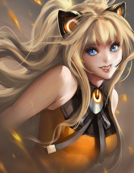 Anime picture 772x1000 with vocaloid seeu sakimichan single long hair tall image looking at viewer fringe blue eyes blonde hair smile bare shoulders animal ears lips cat ears realistic teeth fang (fangs) close-up smoke