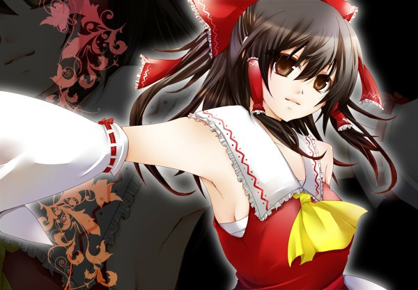 Anime picture 1200x834 with touhou hakurei reimu akatsuki yakyou single long hair black hair brown eyes miko girl detached sleeves