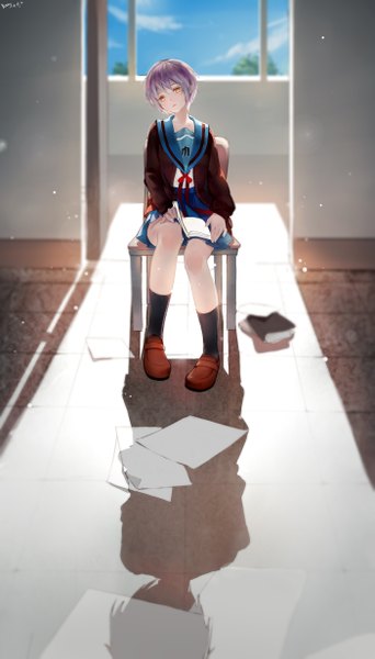 Anime picture 2805x4921 with suzumiya haruhi no yuutsu kyoto animation nagato yuki kamachi kamachi-ko single tall image looking at viewer fringe highres short hair sitting brown eyes signed purple hair shadow depth of field girl uniform socks serafuku