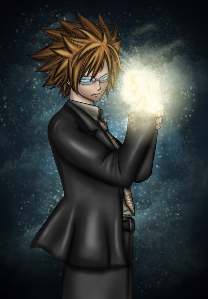 Anime picture 1532x2200 with fairy tail loke gray fullbuster (artist) single tall image short hair blue eyes simple background brown hair coloring magic light zodiac leo (zodiac) boy glasses necktie suit