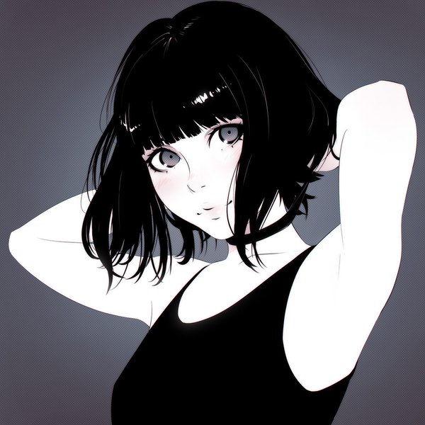 Anime picture 1080x1080 with original ilya kuvshinov single looking at viewer blush fringe short hair black hair upper body blunt bangs light smile arms up armpit (armpits) grey eyes monochrome purple background girl choker bracelet tank top