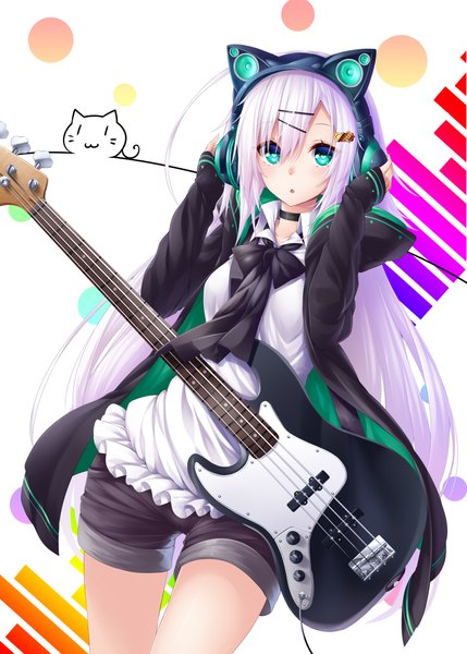 Anime picture 740x1035 with original axent wear headphones chabaneko single long hair tall image looking at viewer blush open mouth blue eyes white hair hand on headphones girl bow shorts headphones hood short shorts hoodie guitar