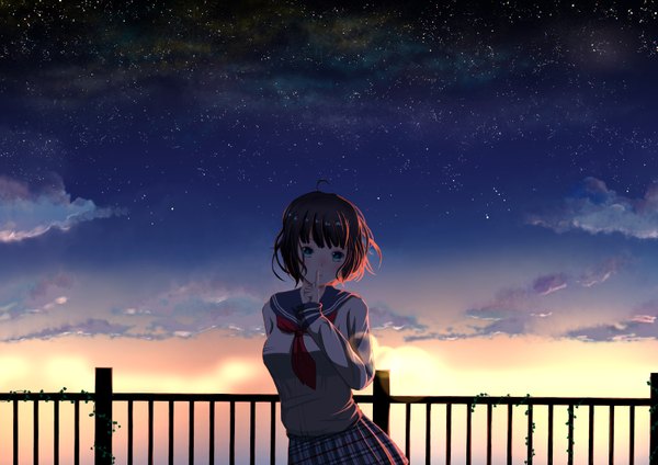 Anime picture 3541x2508 with original ari foro single looking at viewer fringe highres short hair blue eyes black hair standing absurdres sky cloud (clouds) outdoors head tilt wind finger to mouth evening horizon arm behind back