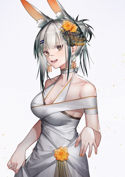 Anime picture 1200x1694 with arknights frostnova (arknights) yuuki mix single tall image looking at viewer blush fringe short hair breasts open mouth simple background smile large breasts white background bare shoulders holding brown eyes animal ears payot