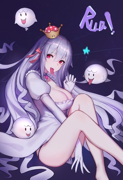 Anime picture 1000x1458 with super mario bros. new super mario bros. u deluxe princess king boo boo (mario) pre (preecho) single long hair tall image looking at viewer fringe breasts light erotic simple background hair between eyes large breasts sitting payot pink eyes fang (fangs) puffy sleeves