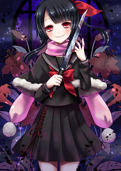 Anime picture 700x989 with original hiroharu single long hair tall image looking at viewer blush black hair smile red eyes girl skirt uniform flower (flowers) school uniform scarf knife