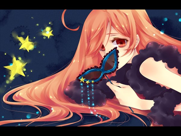 Anime picture 1333x1000 with vocaloid miki (vocaloid) natsuki0910 single long hair looking at viewer red eyes bare shoulders ahoge red hair lying symbol-shaped pupils girl star (symbol) mask boa
