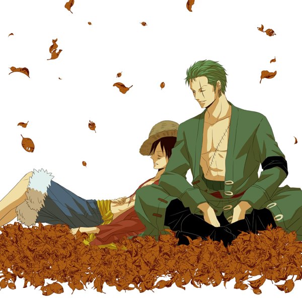 Anime picture 1134x1134 with one piece toei animation monkey d. luffy roronoa zoro rereren short hair open mouth simple background brown hair white background sitting eyes closed profile one eye closed green hair light smile wink black eyes open clothes multiple boys