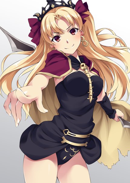 Anime picture 648x906 with fate (series) fate/grand order toosaka rin ereshkigal (fate) mukunokino isshiki single long hair tall image blush light erotic blonde hair simple background smile red eyes two side up gradient background pointing at viewer girl bow weapon