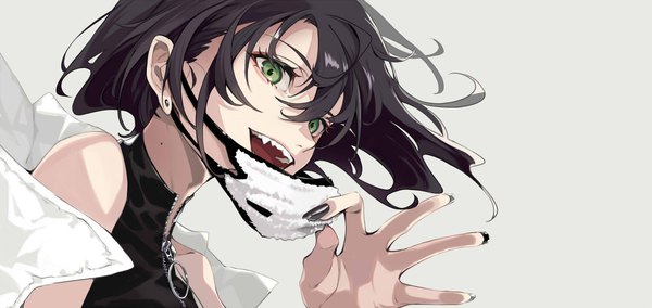 Anime picture 1500x709 with original pokimari single looking at viewer fringe short hair open mouth black hair simple background smile hair between eyes wide image bare shoulders green eyes upper body nail polish :d fingernails mole teeth