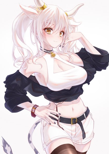 Anime picture 2894x4093 with original bae.c single long hair tall image looking at viewer blush fringe highres breasts light erotic simple background hair between eyes large breasts standing white background bare shoulders animal ears yellow eyes cleavage