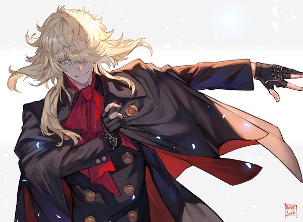 Anime picture 1907x1400 with touken ranbu nitroplus ichimonji norimune lack single long hair looking at viewer fringe highres blue eyes simple background blonde hair smile white background signed upper body hair over one eye outstretched arm adjusting clothes boy