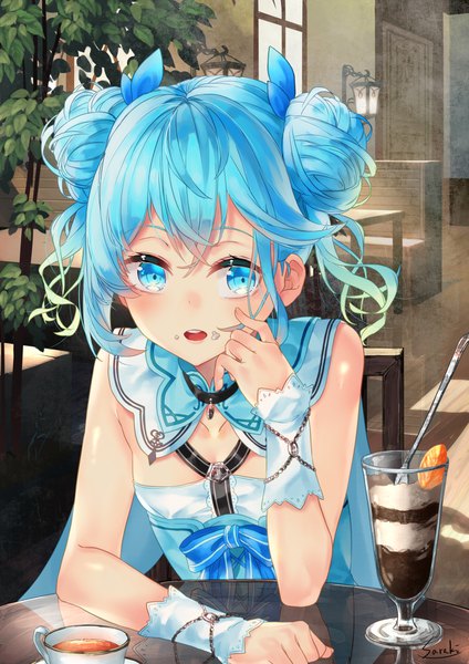 Anime-Bild 1202x1700 mit original lee-chan (saraki) saraki single tall image looking at viewer blush fringe short hair open mouth blue eyes hair between eyes sitting bare shoulders signed blue hair indoors sunlight arm support teeth