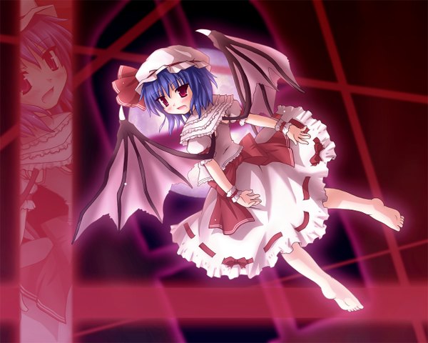 Anime picture 1280x1024 with touhou remilia scarlet etogami kazuya single looking at viewer short hair open mouth red eyes blue hair full body :d barefoot zoom layer girl hat wings moon wrist cuffs bonnet full moon
