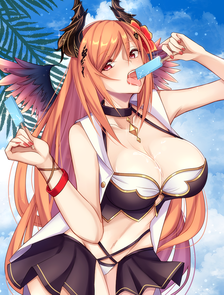 Anime picture 750x988 with shingeki no bahamut dark angel olivia kirbyffcc single long hair tall image blush fringe breasts open mouth light erotic hair between eyes red eyes large breasts standing holding payot looking away sky cleavage