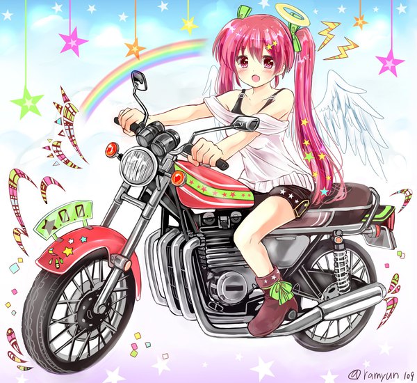 Anime picture 1800x1649 with original ramudia (lamyun) single long hair looking at viewer highres open mouth twintails signed pink hair pink eyes :o twitter username angel wings angel riding girl wings shorts boots