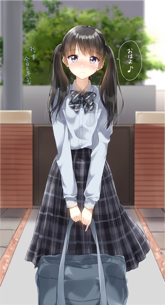 Anime picture 2491x4581 with original pentagon (railgun ky1206) single long hair tall image looking at viewer blush fringe highres black hair smile standing twintails purple eyes holding outdoors long sleeves pleated skirt blurry text