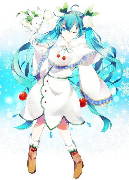 Anime picture 700x976 with vocaloid hatsune miku yuki miku rabbit yukine yuki miku (2015) kamari (kama ri) single tall image looking at viewer twintails ahoge very long hair one eye closed hair flower aqua eyes wink aqua hair sparkle snowflake print girl