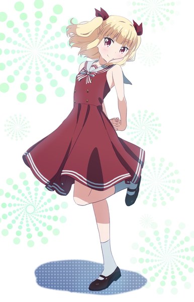 Anime picture 1319x2048 with new game! doga kobo iijima yun pink x single tall image looking at viewer fringe short hair simple background blonde hair smile standing purple eyes full body blunt bangs head tilt two side up sleeveless standing on one leg