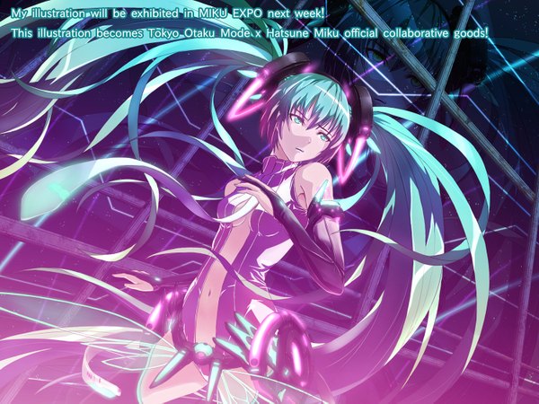 Anime picture 1500x1125 with vocaloid hatsune miku kazeno single open mouth twintails very long hair aqua eyes aqua hair inscription night night sky text light english zoom layer girl navel necktie star (stars)