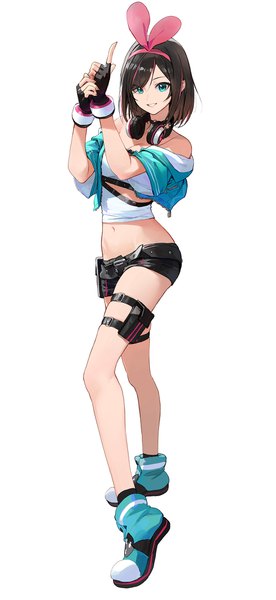 Anime picture 1000x2170 with virtual youtuber a.i. channel kizuna ai kizuna ai (a.i. games) modare single tall image looking at viewer short hair simple background smile brown hair standing white background bare shoulders full body aqua eyes off shoulder open clothes open jacket