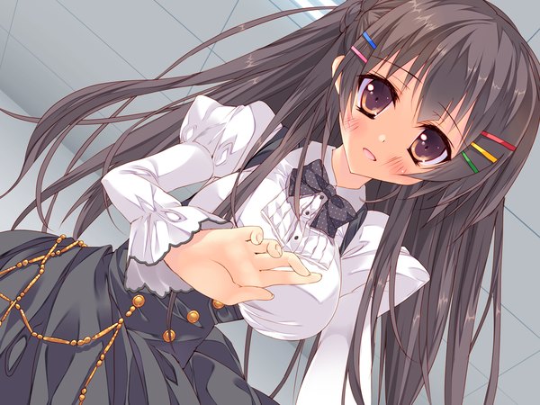 Anime picture 1280x960 with chiisana kanojo no serenade motosuwa matsuri tsurusaki takahiro long hair blush open mouth black hair brown eyes game cg girl dress hair ornament bobby pin