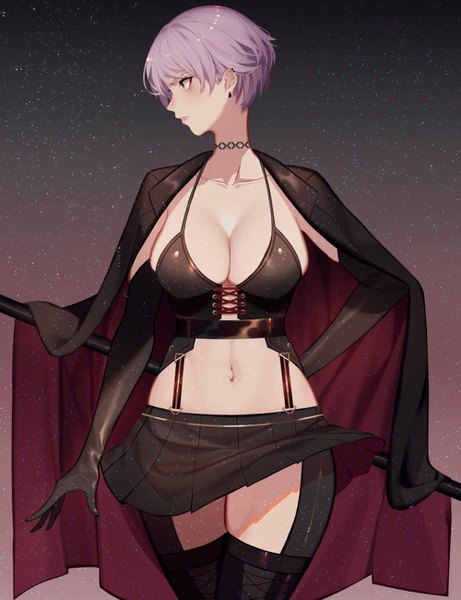 Anime picture 1000x1300 with original kisui single tall image blush fringe short hair breasts light erotic simple background large breasts standing purple eyes holding looking away cleavage purple hair parted lips profile pleated skirt