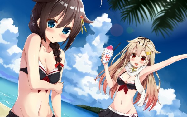 Anime picture 1200x750 with kantai collection shigure destroyer yuudachi destroyer yuuuuu long hair looking at viewer blush fringe breasts open mouth blue eyes light erotic black hair blonde hair smile red eyes bare shoulders multiple girls sky cloud (clouds)