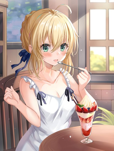 Anime picture 2710x3573 with fate (series) fate/grand order fate/stay night artoria pendragon (all) saber harimoji single tall image looking at viewer blush fringe highres short hair breasts open mouth blonde hair hair between eyes sitting bare shoulders holding