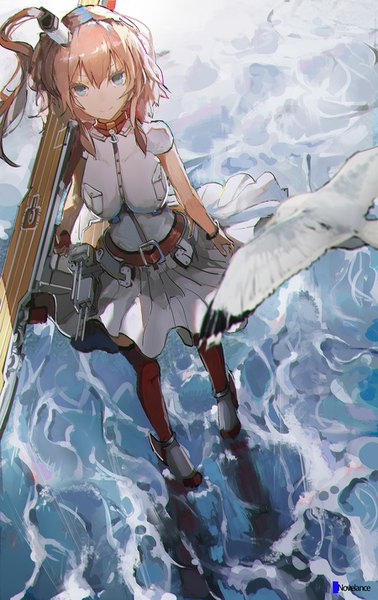 Anime-Bild 900x1425 mit kantai collection saratoga (kantai collection) novelance single long hair tall image fringe breasts smile hair between eyes brown hair holding signed full body outdoors aqua eyes from above sunlight short sleeves sketch