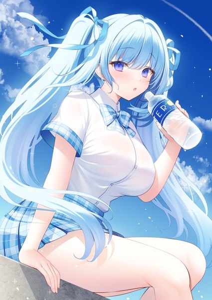 Anime-Bild 708x1000 mit original miko (royal milk) single long hair tall image looking at viewer breasts blue eyes large breasts sitting twintails blue hair sky cloud (clouds) outdoors plaid skirt multicolored eyes girl skirt uniform