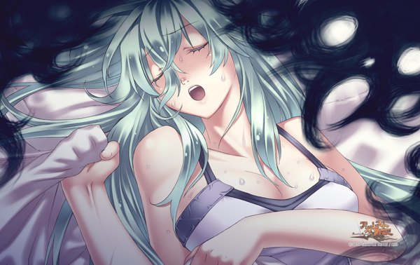 イラスト 1900x1200 と アガレスト戦記 ソロ 長髪 highres おっぱい 開いた口 light erotic 肩出し lying eyes closed green hair 女の子