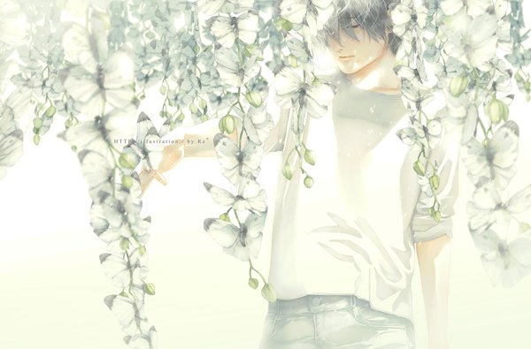 Anime picture 1280x844 with original re (artist) single fringe short hair simple background standing white background signed eyes closed grey hair hair over eyes sleeves pushed up boy flower (flowers) insect butterfly pants sweater