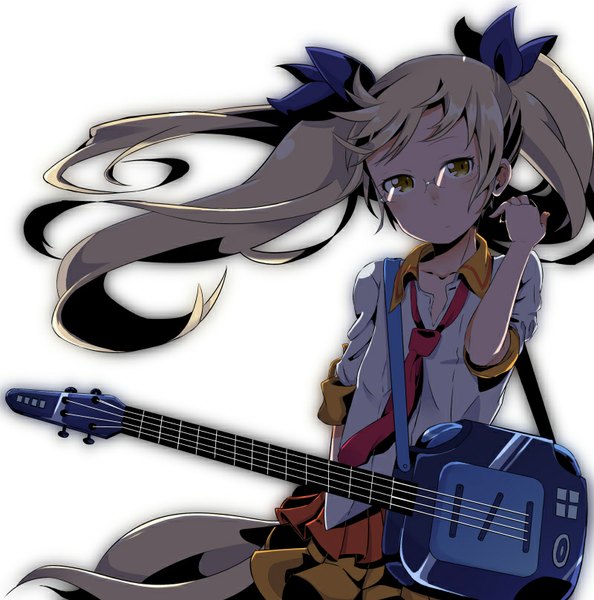 Anime picture 800x809 with show by rock!! studio bones retoree (show by rock!!) o furi single long hair tall image simple background blonde hair white background twintails brown eyes head tilt wind open collar girl glasses necktie guitar