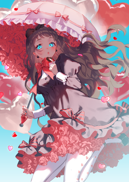 Anime-Bild 2480x3508 mit original harushio single long hair tall image looking at viewer highres blue eyes brown hair :o puffy sleeves symbol-shaped pupils valentine heart-shaped pupils girl dress flower (flowers) earrings pantyhose food