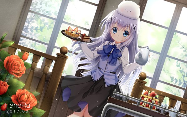 Anime picture 960x600 with gochuumon wa usagi desu ka? white fox kafuu chino tippy (gochiusa) haneru single long hair looking at viewer fringe blue eyes holding signed blue hair dated animal on head girl dress uniform flower (flowers) animal