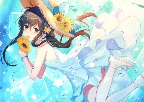 Anime picture 2951x2092 with original achiki single long hair fringe highres open mouth hair between eyes brown hair bare shoulders brown eyes scan floating hair underwater hat removed headwear removed girl dress flower (flowers) hat