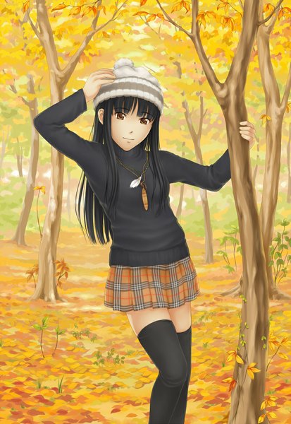 Anime picture 800x1160 with original suda (yuunagi enikki) single long hair tall image looking at viewer black hair brown eyes zettai ryouiki autumn girl thighhighs skirt black thighhighs plant (plants) tree (trees) leaf (leaves) sweater cap autumn leaves