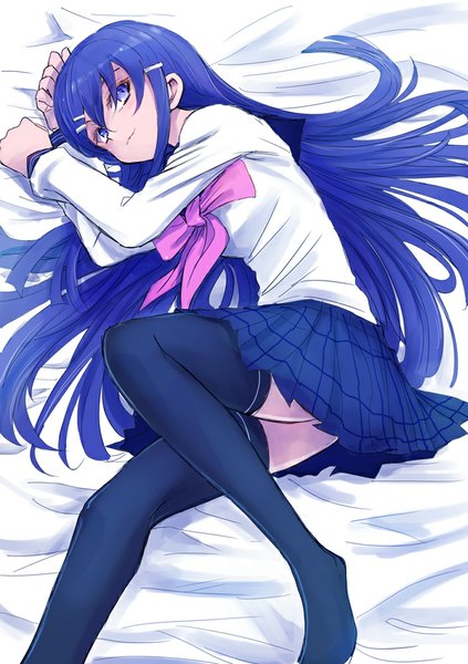 Anime picture 705x1000 with dangan ronpa maizono sayaka aosa (momikin) single long hair tall image blush blue eyes smile blue hair looking away lying girl thighhighs uniform hair ornament black thighhighs serafuku bed bobby pin