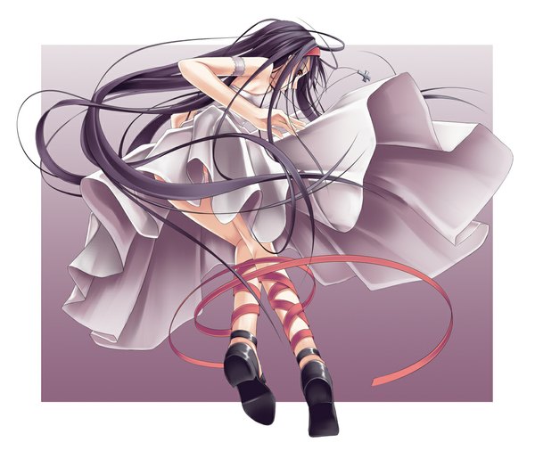 Anime picture 1118x944 with original doa (wabisabi) single long hair black hair red eyes bare shoulders looking back girl dress ribbon (ribbons)