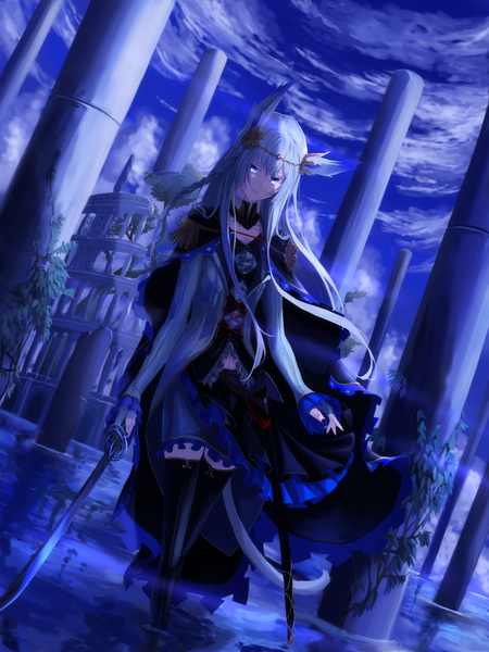 Anime picture 1800x2400 with original mikisai single long hair tall image looking at viewer blush fringe highres open mouth blue eyes hair between eyes standing holding animal ears sky cleavage silver hair cloud (clouds) outdoors