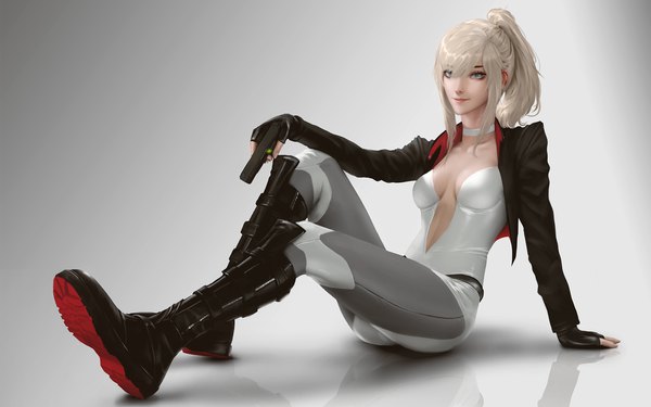 Anime picture 1280x800 with original tess turner raikoart single long hair looking at viewer fringe breasts light erotic simple background blonde hair hair between eyes sitting holding payot full body ponytail light smile lips realistic