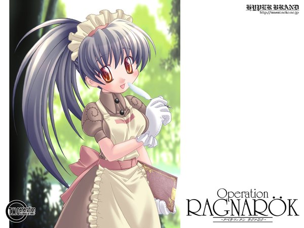 Anime picture 1600x1200 with ragnarok online kafra ishihara masumi single long hair looking at viewer blush open mouth black hair red eyes ponytail :d maid puffy sleeves copyright name girl gloves uniform white gloves headdress
