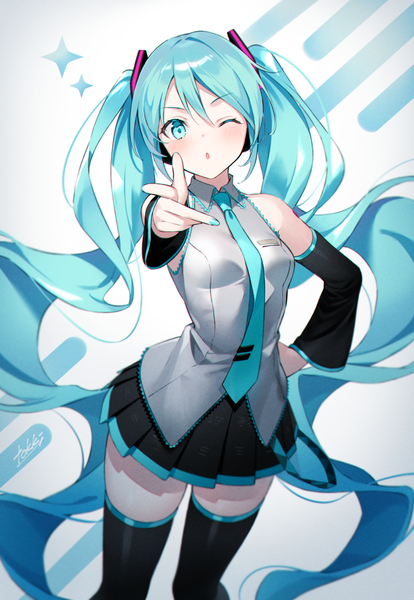 Anime picture 773x1120 with vocaloid hatsune miku tokki single tall image looking at viewer blush twintails signed very long hair nail polish one eye closed aqua eyes aqua hair zettai ryouiki hand on hip blue nail polish pointing at viewer girl thighhighs