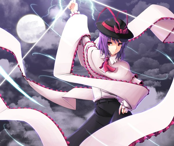 Anime picture 1900x1600 with touhou nagae iku gayprince highres short hair red eyes purple hair cloud (clouds) magic girl ribbon (ribbons) hat moon