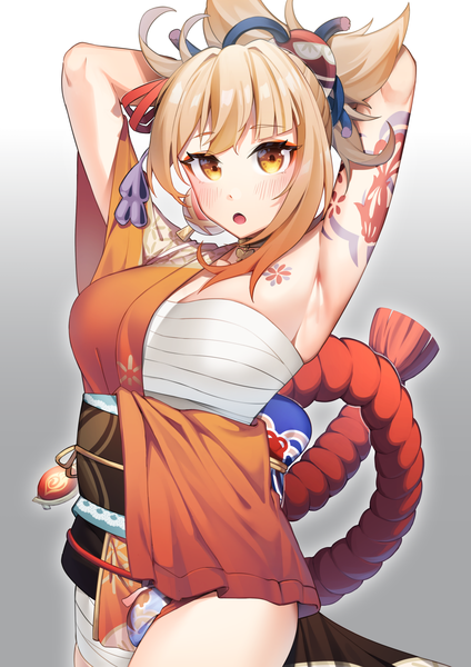 Anime picture 1447x2046 with genshin impact yoimiya (genshin impact) esencey single tall image looking at viewer blush fringe short hair breasts open mouth light erotic simple background blonde hair standing yellow eyes traditional clothes japanese clothes arms up :o