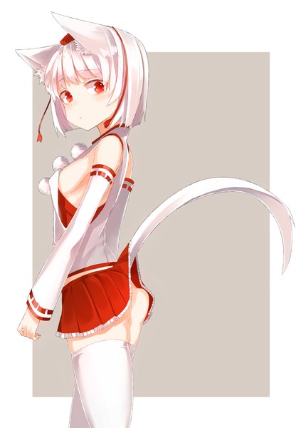 Anime picture 758x1074 with touhou inubashiri momiji pokan (xz1128) single tall image looking at viewer short hair light erotic simple background red eyes bare shoulders animal ears silver hair ass tail animal tail sideboob wolf ears upskirt wolf tail