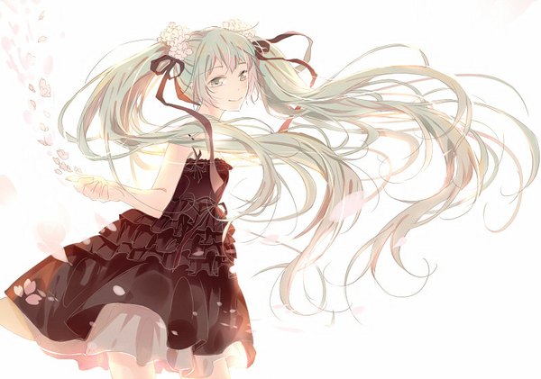Anime picture 800x562 with vocaloid hatsune miku sakura miku yuxia xianyin single looking at viewer fringe simple background smile white background twintails very long hair hair flower aqua eyes aqua hair girl dress hair ornament flower (flowers) ribbon (ribbons)