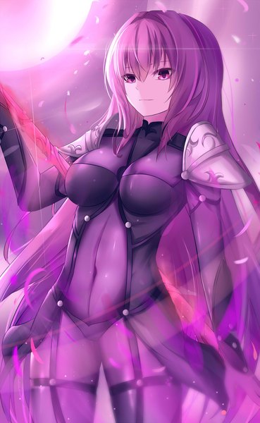 Anime picture 1300x2116 with fate (series) fate/grand order scathach (fate) (all) scathach (fate) eternity (shadeh) single long hair tall image fringe breasts light erotic hair between eyes standing purple eyes holding looking away purple hair covered navel girl weapon
